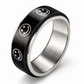 Bague anti-stress anneau tournant BlackSmile, anneau tournant noir orné de smileys argentés
