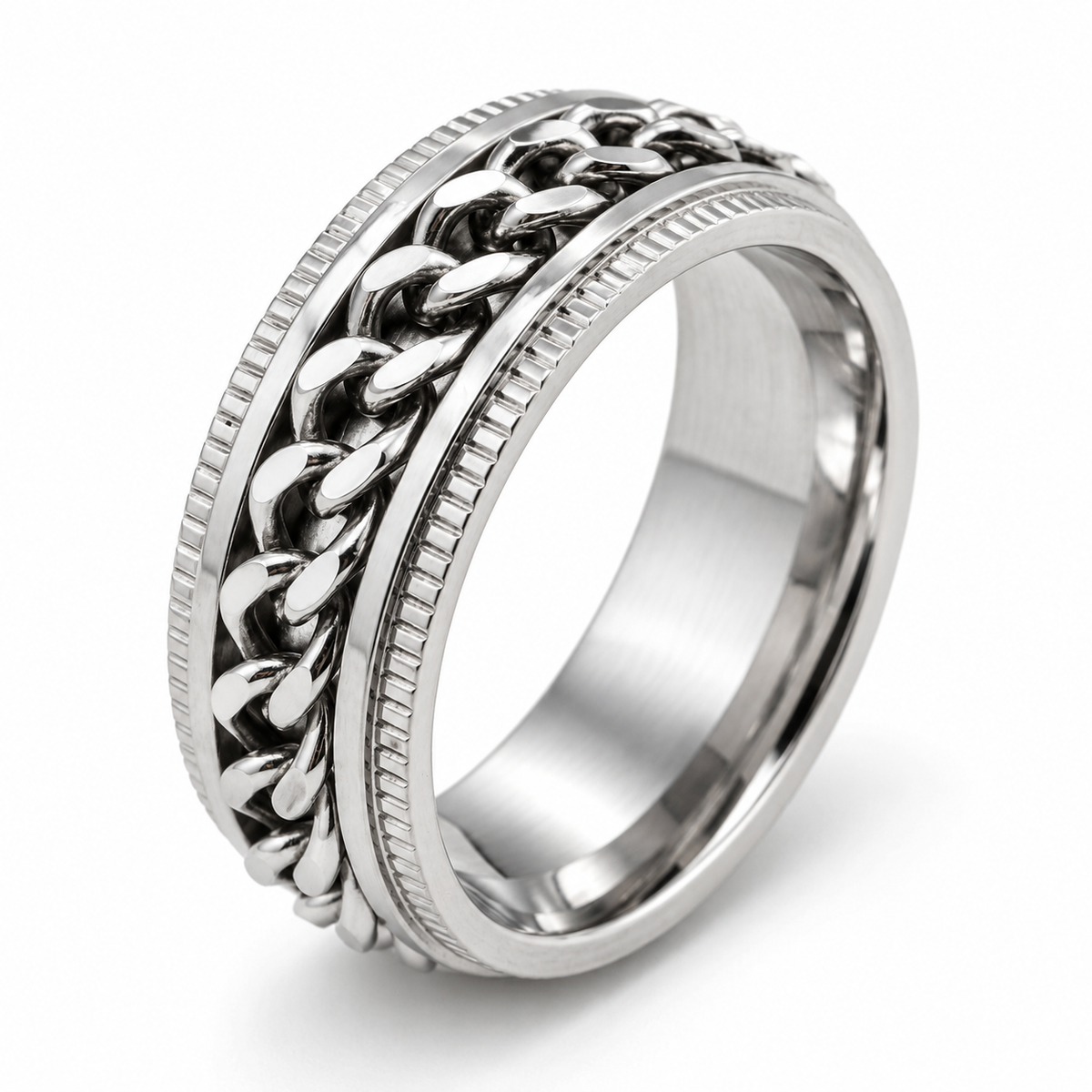 Bague anti-stress anneau tournant Chaîne en coloris argenté.