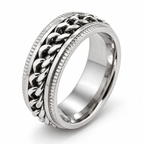 Bague anti-stress anneau tournant Chaîne en coloris argenté.
