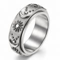 Bague anti-stress anneau tournant Circadien, anneau tournant sablé orné de soleils, lunes et étoiles en relief