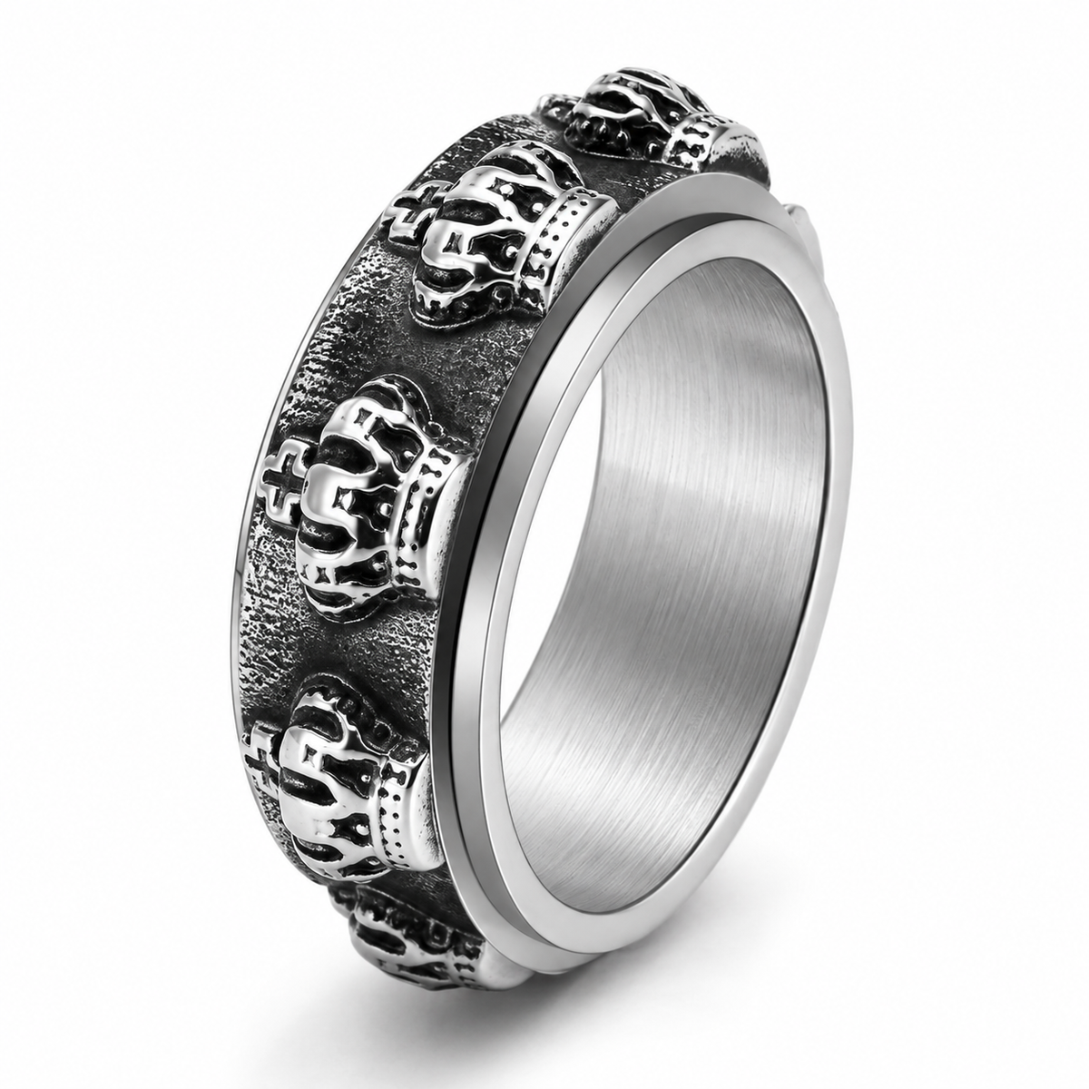 Bague anti-stress anneau tournant Couronne en coloris argenté.