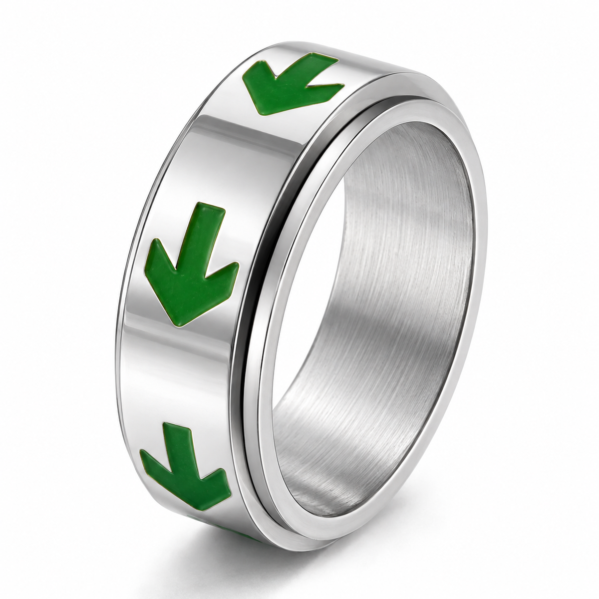 Bague anti-stress anneau tournant Flèche en coloris argenté.