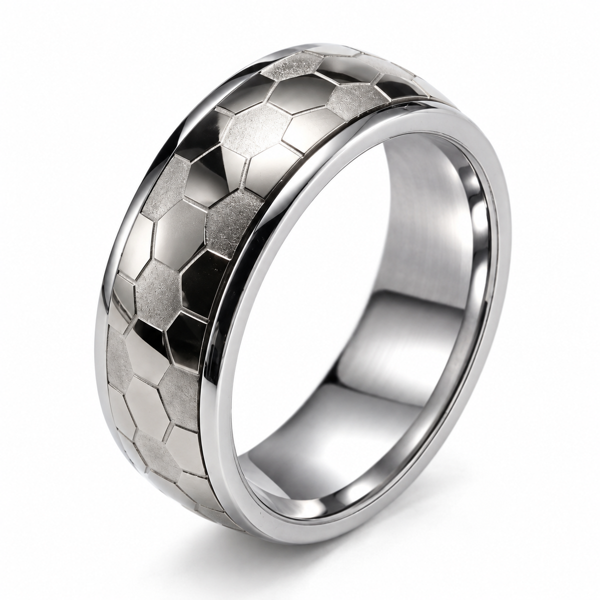 Bague anti-stress anneau tournant Futuriste en coloris argenté.