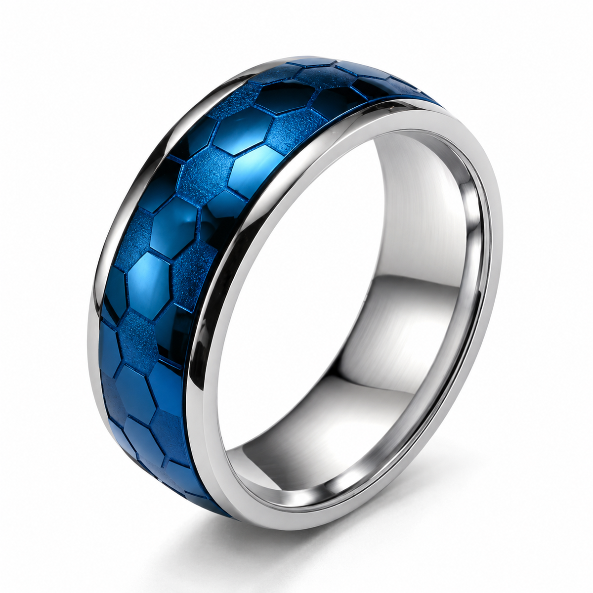 Bague anti-stress anneau tournant Futuriste en coloris bleu.