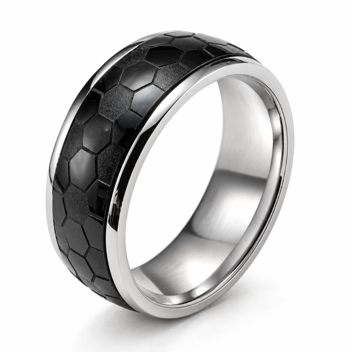 Bague anti-stress anneau tournant Futuriste en coloris noir.