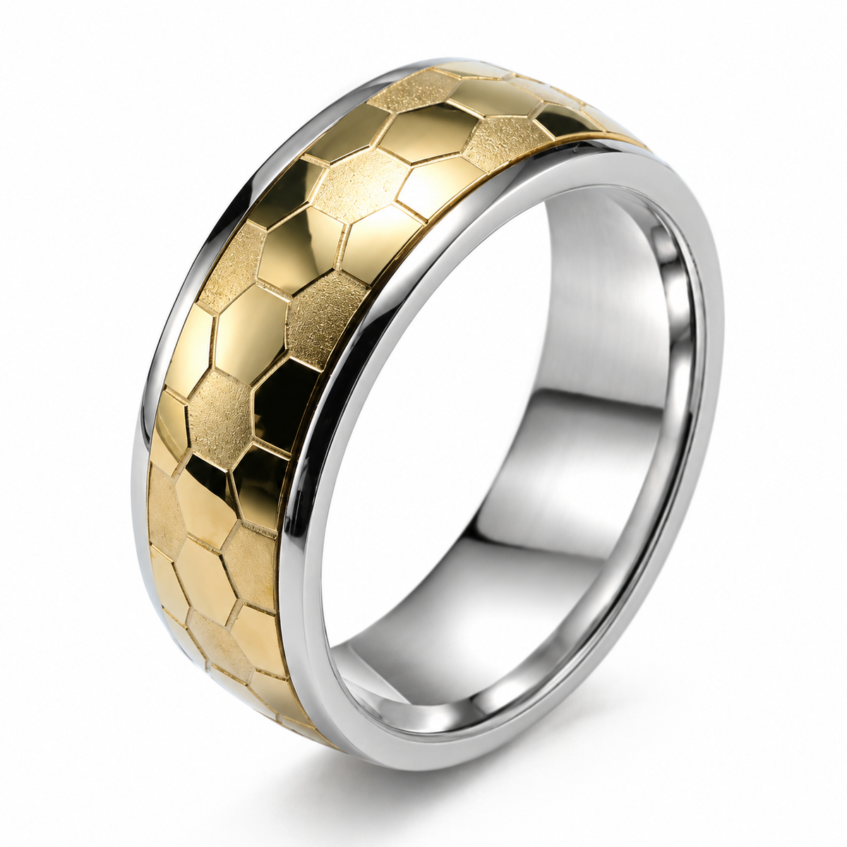 Bague anti-stress anneau tournant Futuriste en coloris doré.