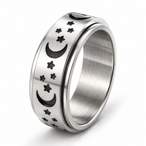 Bague anti-stress anneau tournant Lune Étoilé, anneau tournant gravé de croissants de lune et d’étoiles noirs