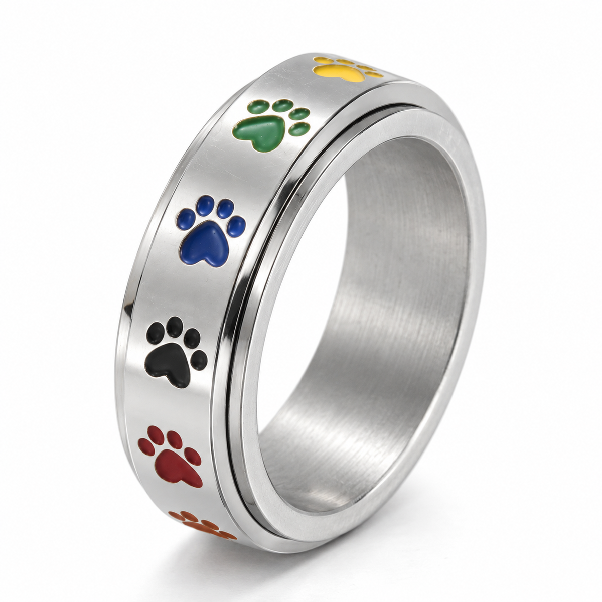 Bague anti-stress anneau tournant Patte De Chat en coloris argenté.