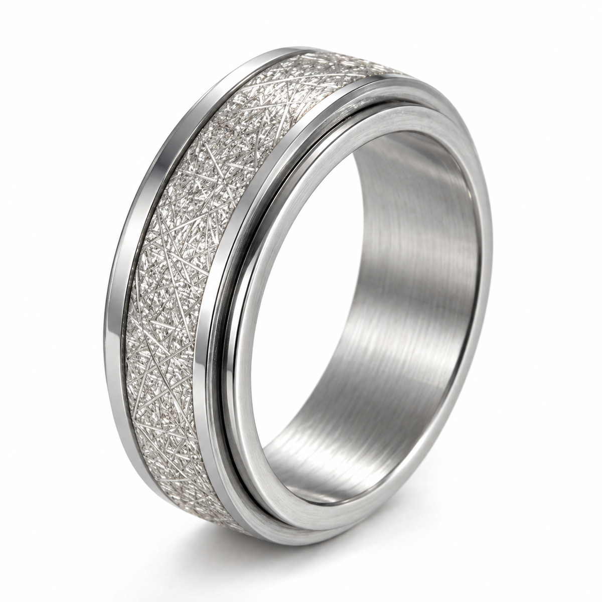Bague anti-stress anneau tournant Rayure en coloris argenté.
