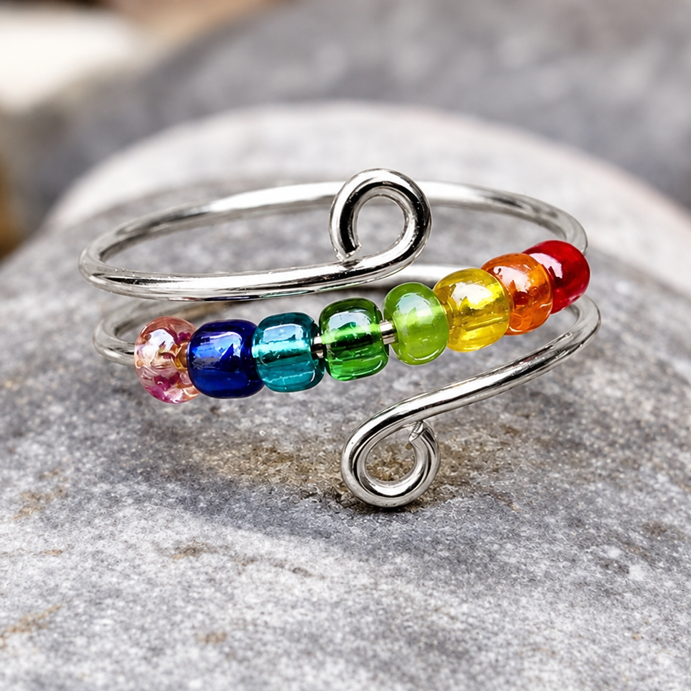 Bague anti-stress bille Arc-En-Ciel couleur argent
