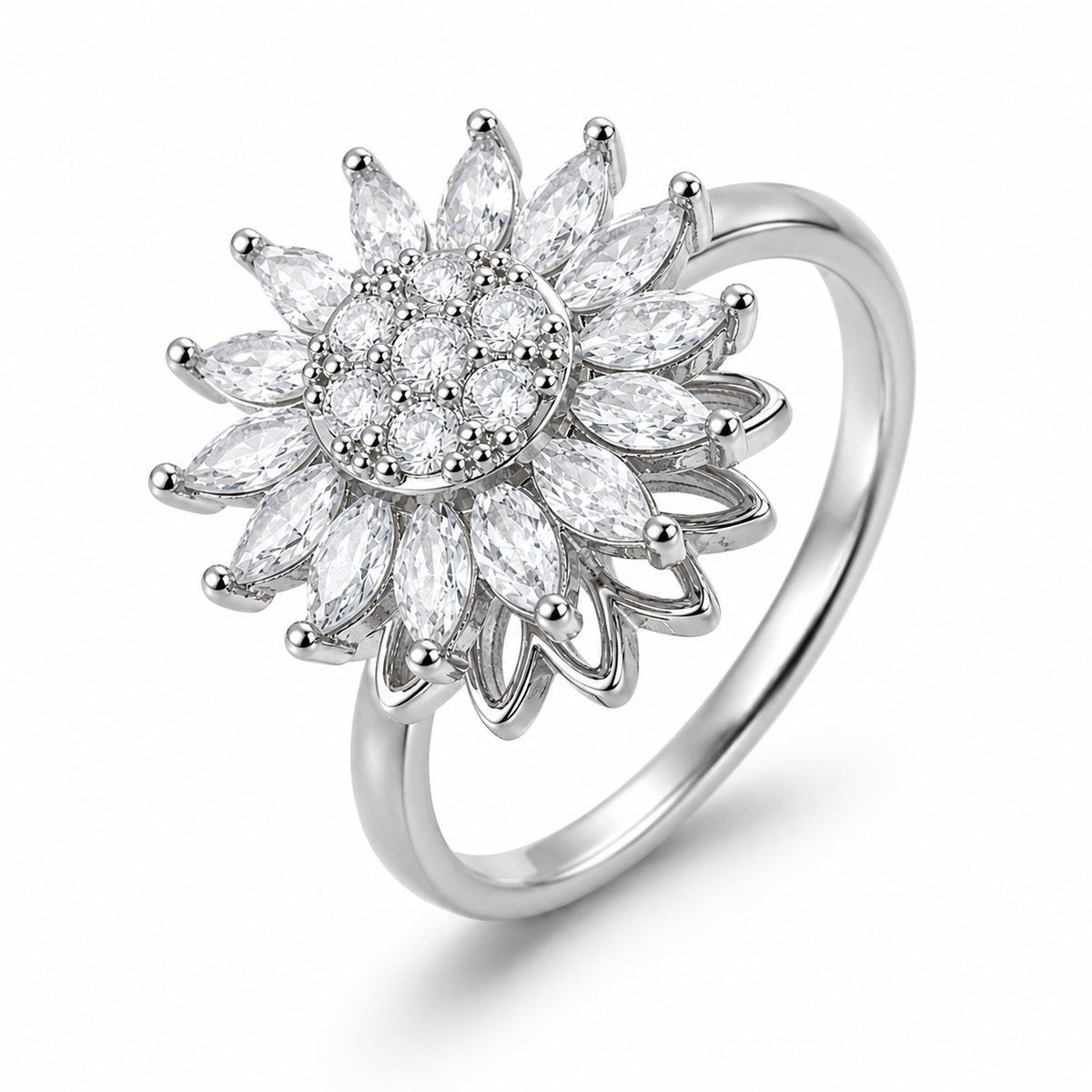 Bague anti-stress rotative Dahlias en coloris argenté.