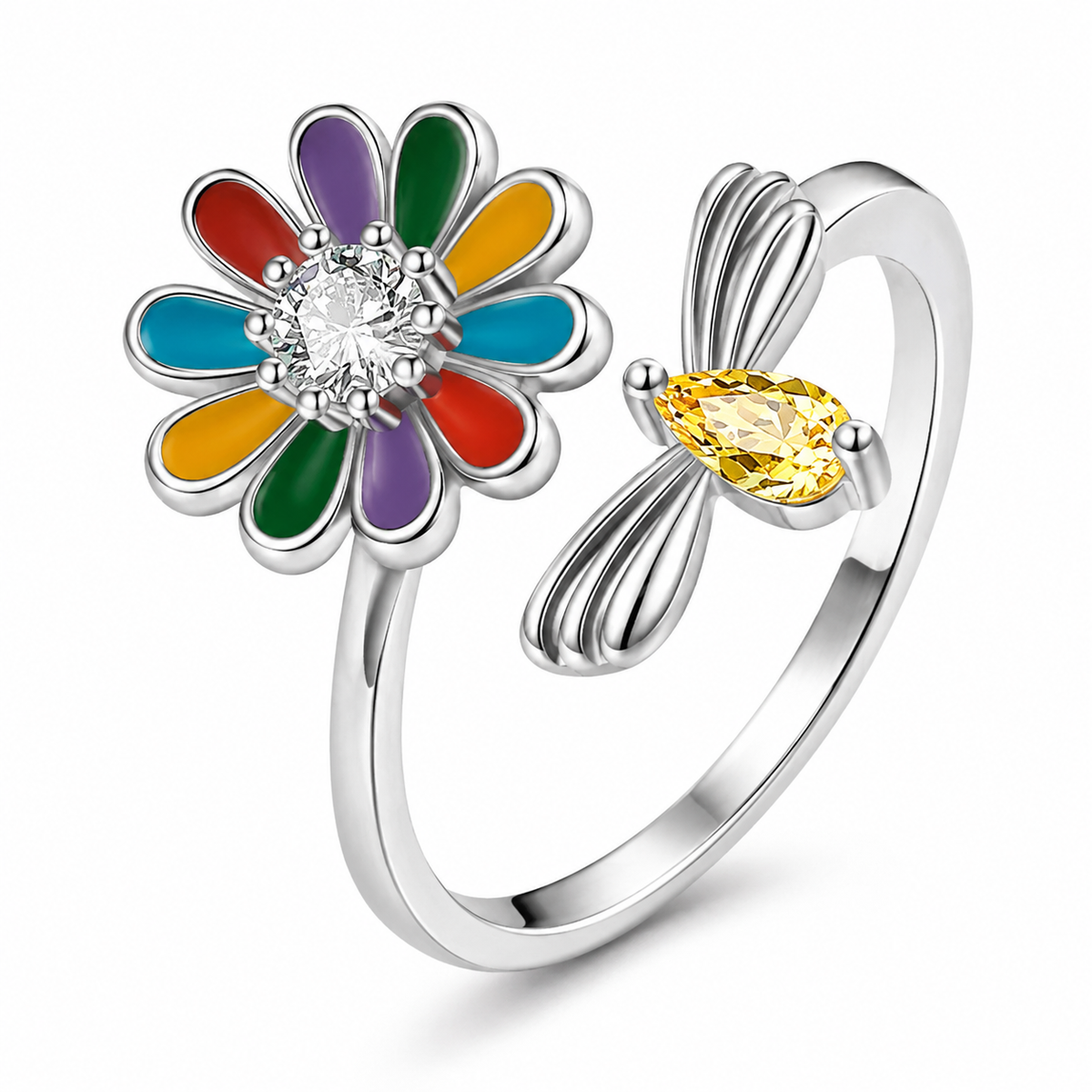 Bague anti-stress rotative Douce Butine, fleur émaillée multicolore et abeille à pierre jaune