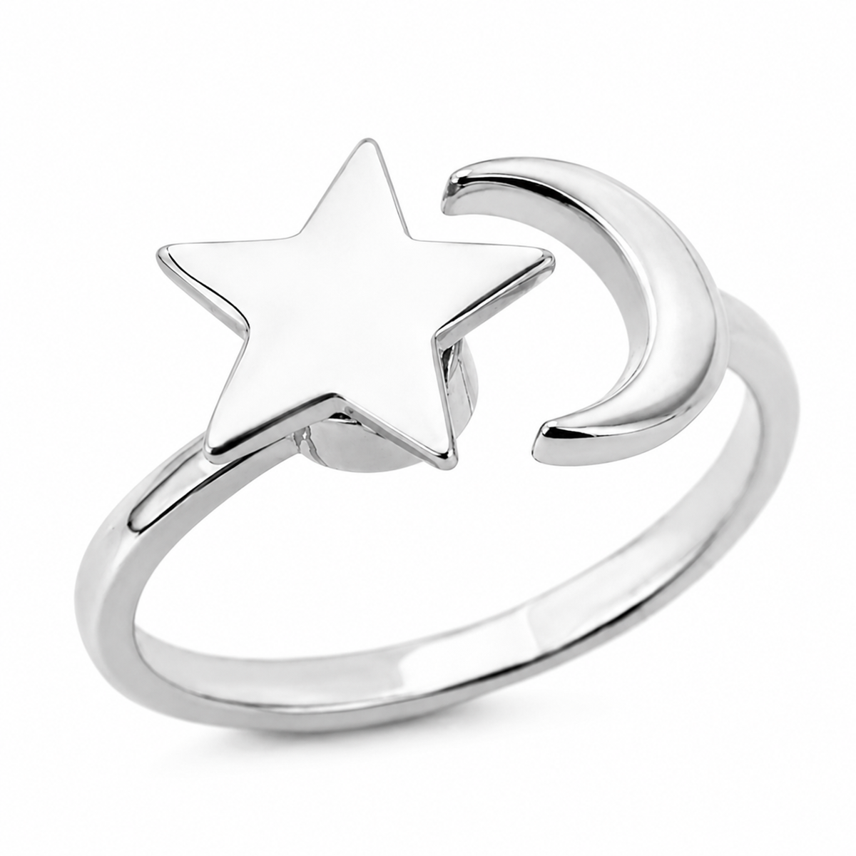 Bague anti-stress rotative Étoile Lune en coloris argenté.