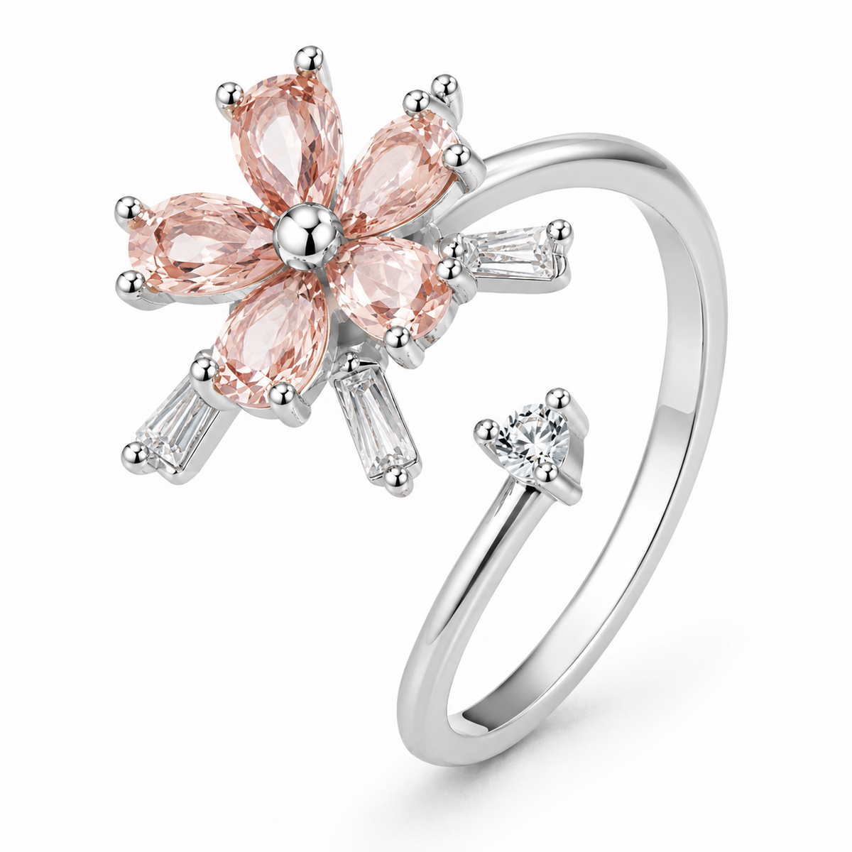 Bague anti-stress rotative Fleur Cosmique en coloris argenté.