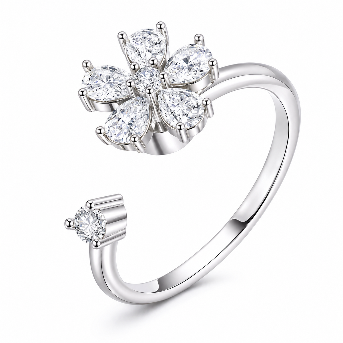 Bague anti-stress rotative Fleur Cristal en coloris argenté.