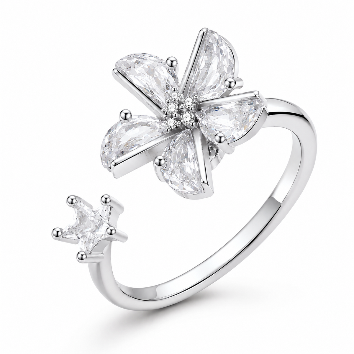 Bague anti-stress rotative Fleur Vivace en coloris argenté.