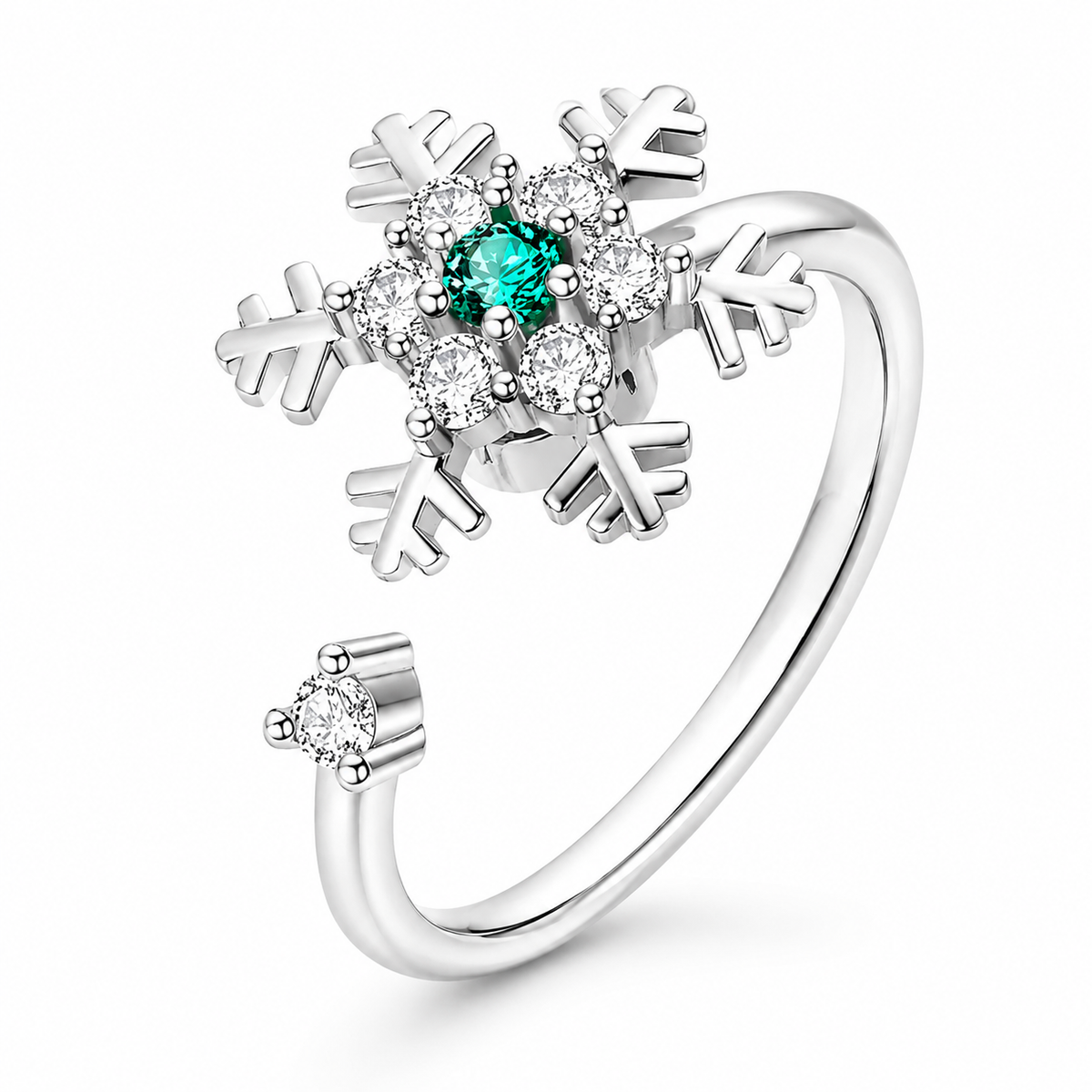 Bague anti-stress rotative Flocon en coloris argenté.