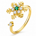 Bague anti-stress rotative Flocon dorée, flocon doré, pierre verte entourée de pierres blanches