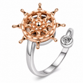 Bague anti-stress rotative Gouvernail, barre à roue de navire en or rose, petite rose argentée