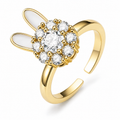 Bague anti-stress rotative Lapin, tête de lapin en grappe de cristaux, oreilles nacrées