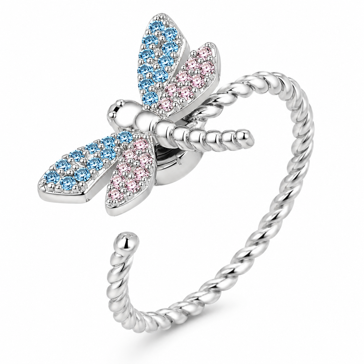 Bague anti-stress rotative Libellule en coloris argenté.