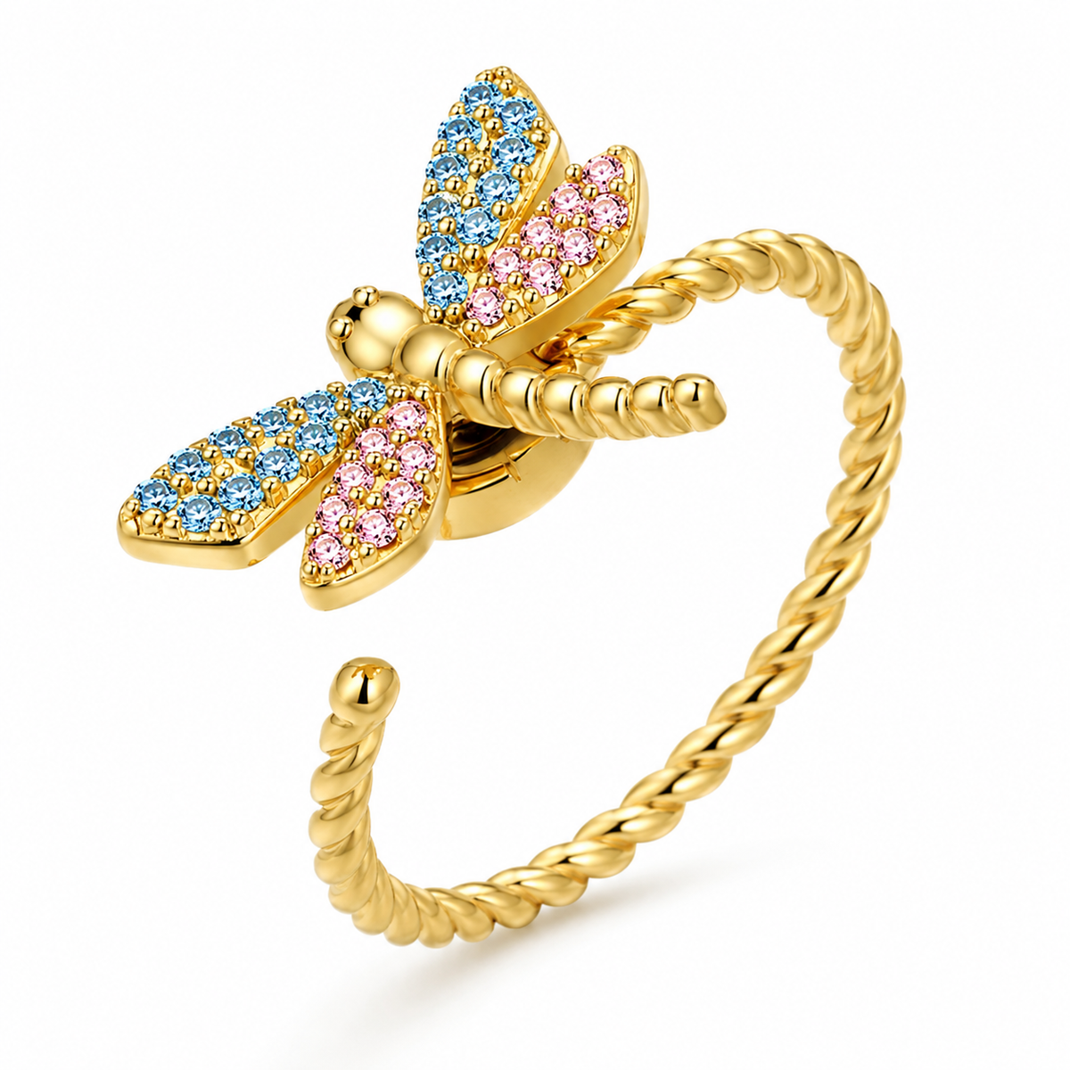Bague anti-stress rotative Libellule en coloris doré.