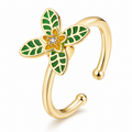 Bague anti-stress rotative Lys dorée, lys aux feuilles émaillées de vert et cœur serti