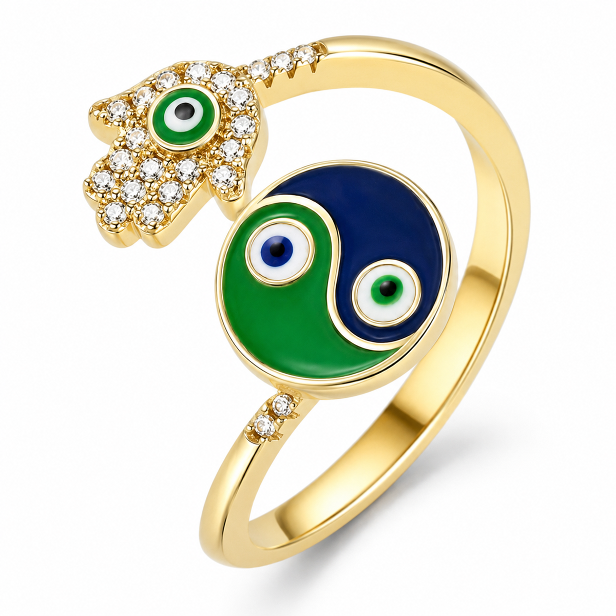 Bague anti-stress rotative Main Fatma, médaillon yin yang émaillé vert et bleu nuit, main de Fatma pavée, portée au doigt