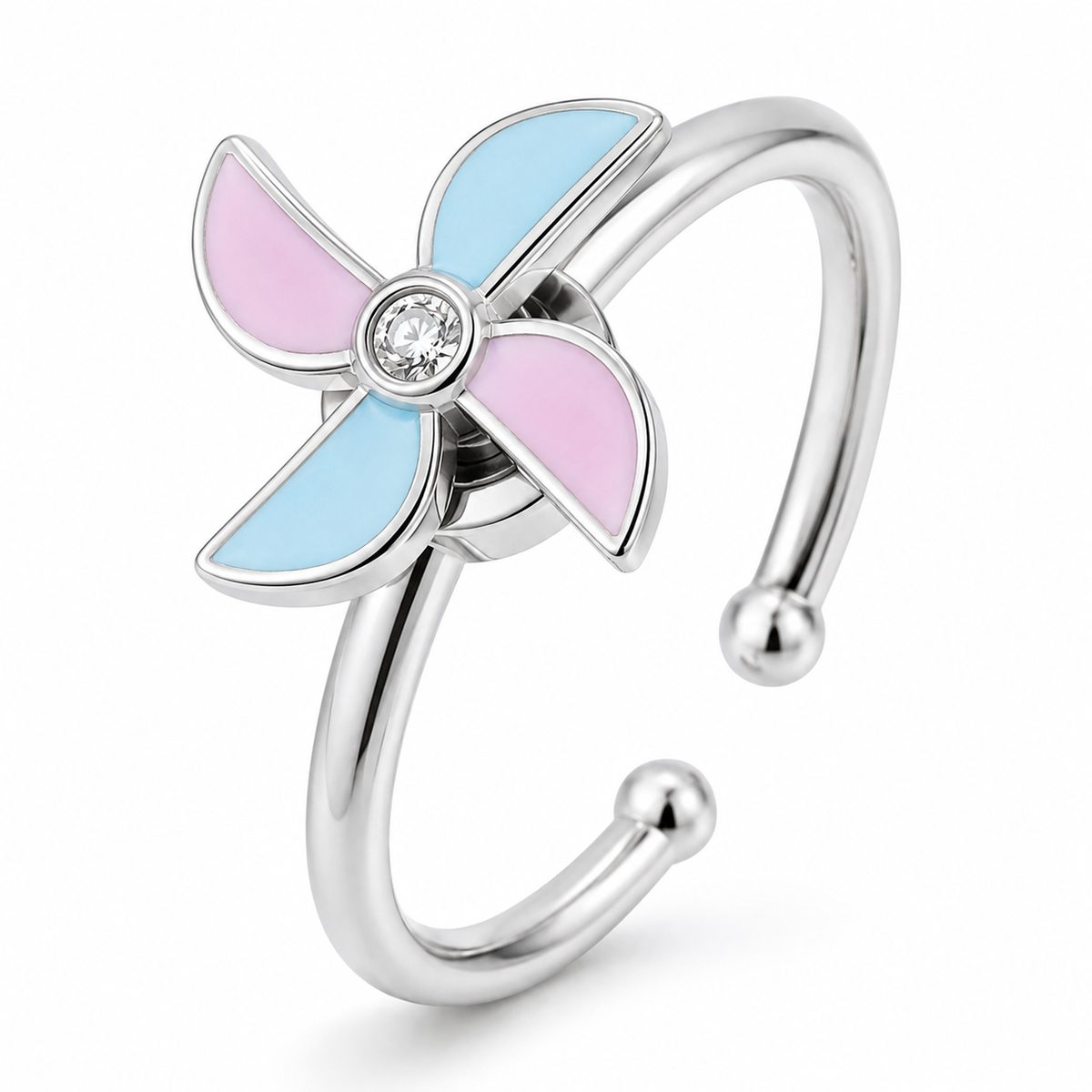 Bague anti-stress rotative Moulin en coloris argenté.