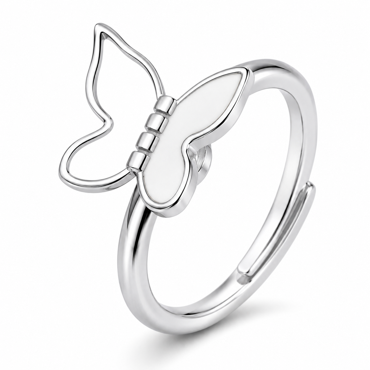 Bague anti-stress rotative Papillon en coloris argenté.