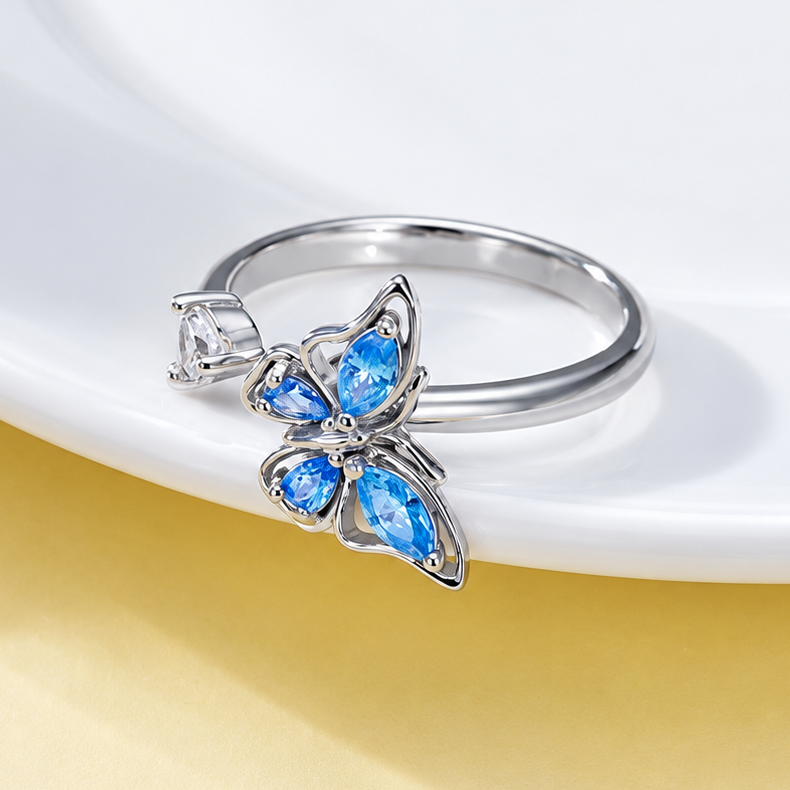 Bague anti-stress rotative Papillon Luisant couleur argent