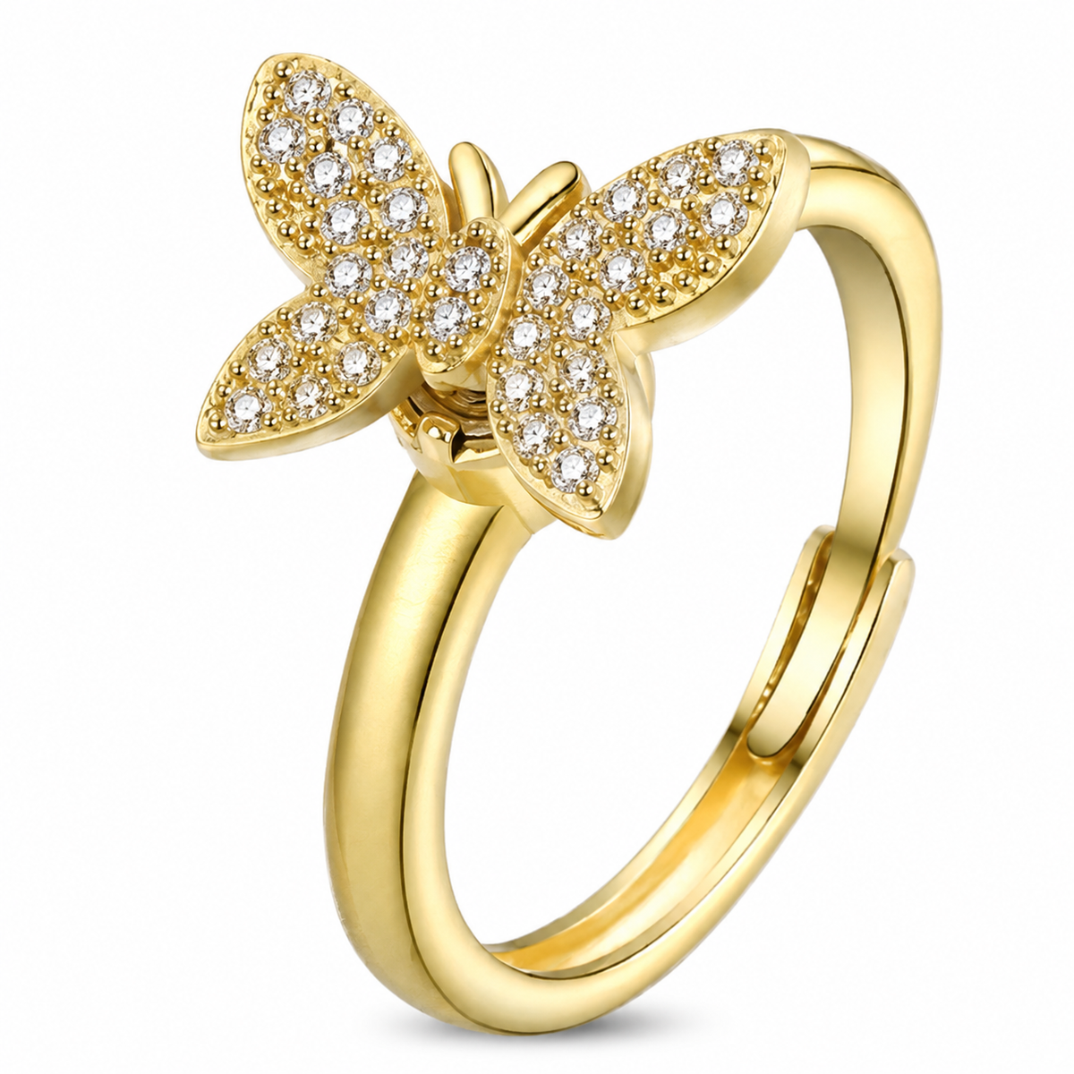 Bague anti-stress rotative Papillon Orné dorée, papillon entièrement pavé de petites pierres