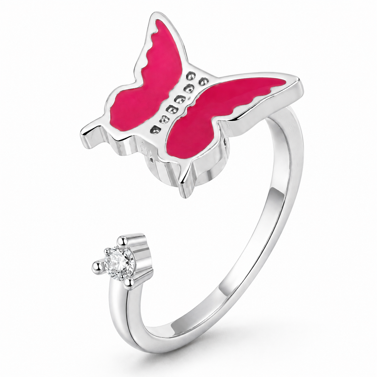 Bague anti-stress rotative Papillon Robuste argentée, papillon aux ailes en émail rose fuchsia