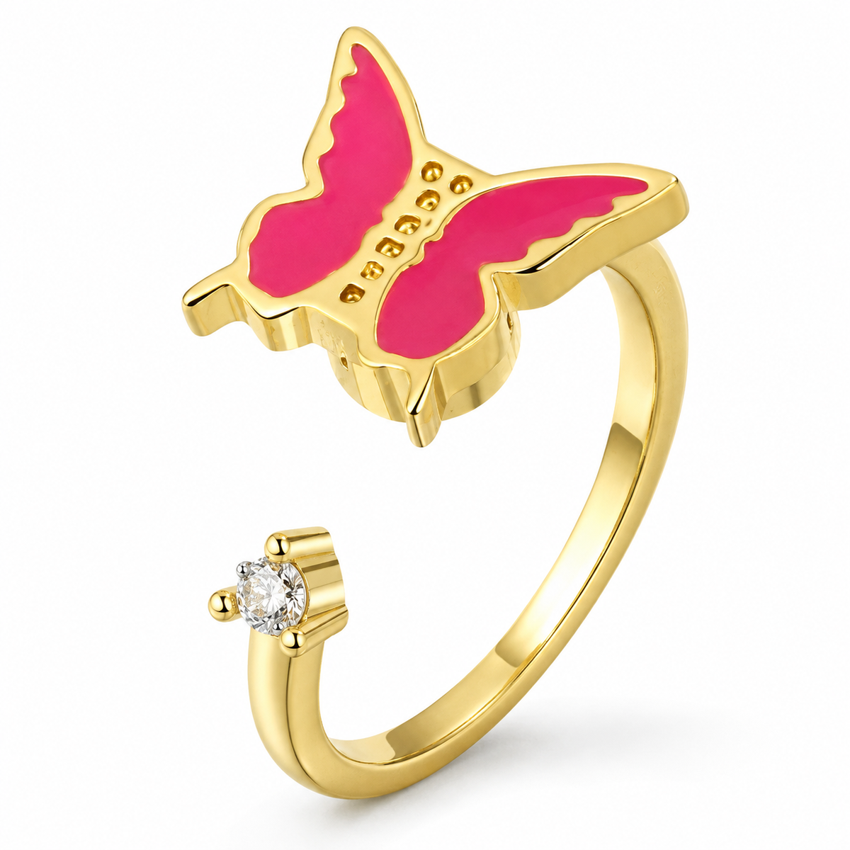 Bague anti-stress rotative Papillon Robuste dorée, papillon aux ailes en émail rose fuchsia