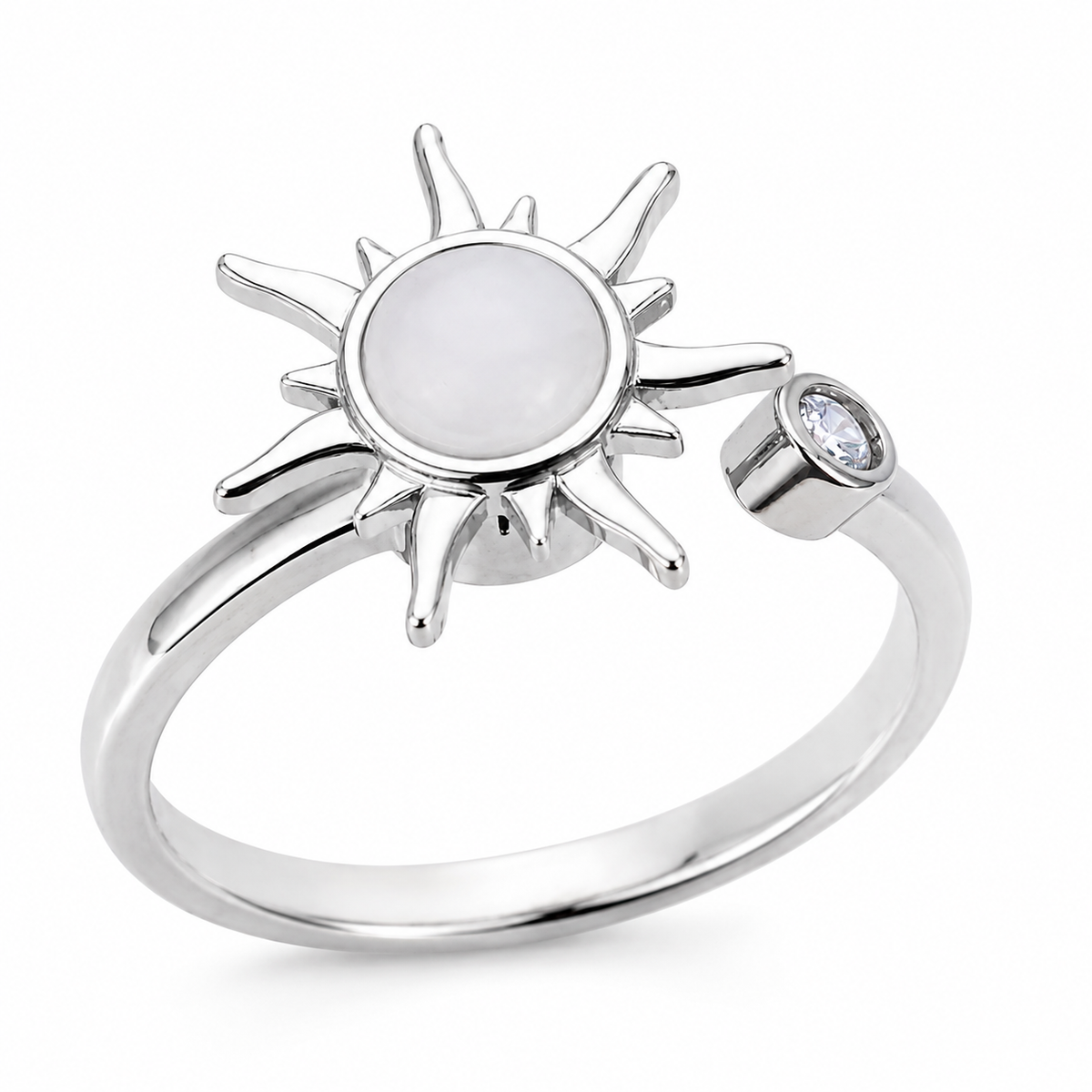 Bague anti-stress rotative Soleil Envoûtant en coloris argenté.