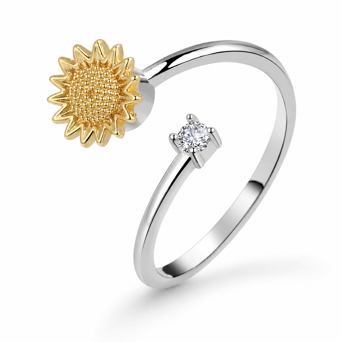 Bague anti-stress rotative Tournesol en coloris argenté.
