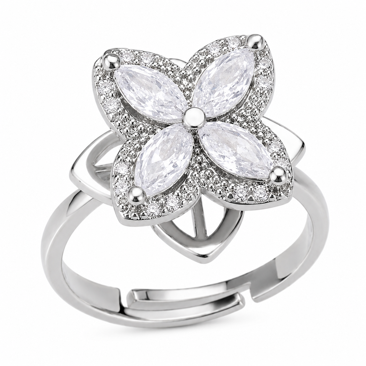 Bague anti-stress rotative Trèfle Céleste en coloris argenté.