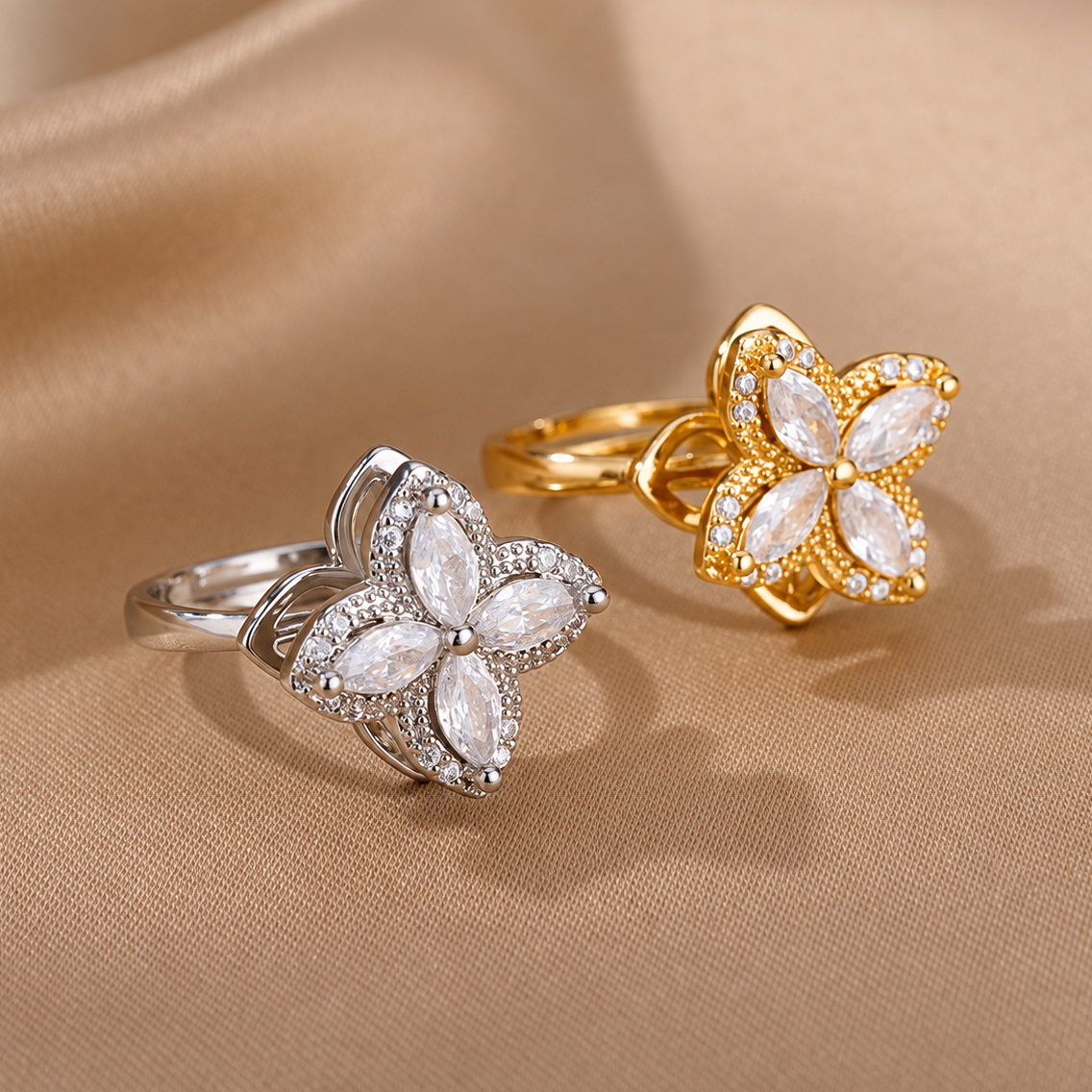 Bague anti-stress rotative Trèfle Céleste, trèfle à quatre feuilles en pierres taille marquise, dans tous ses coloris