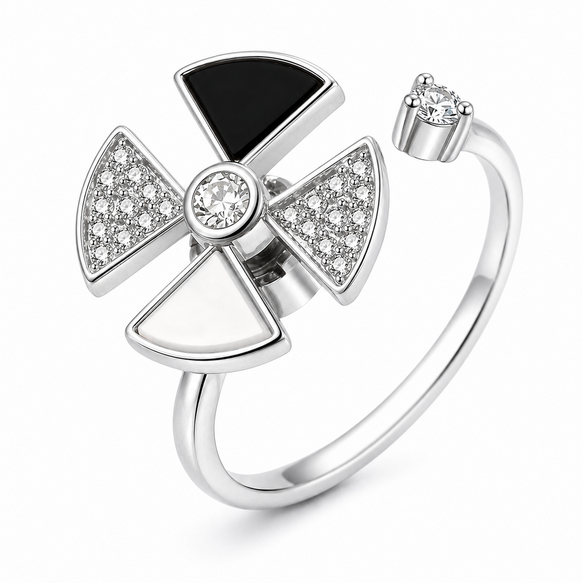 Bague anti-stress rotative Triangle Céleste argentée, quatre triangles noir, blanc nacré et pavés