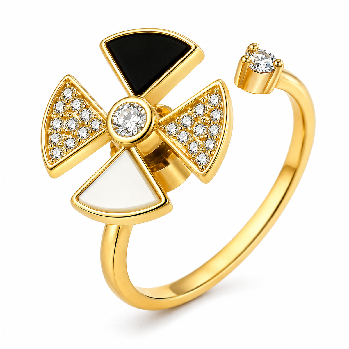 Bague anti-stress rotative Triangle Céleste, quatre triangles noir, blanc nacré et pavés