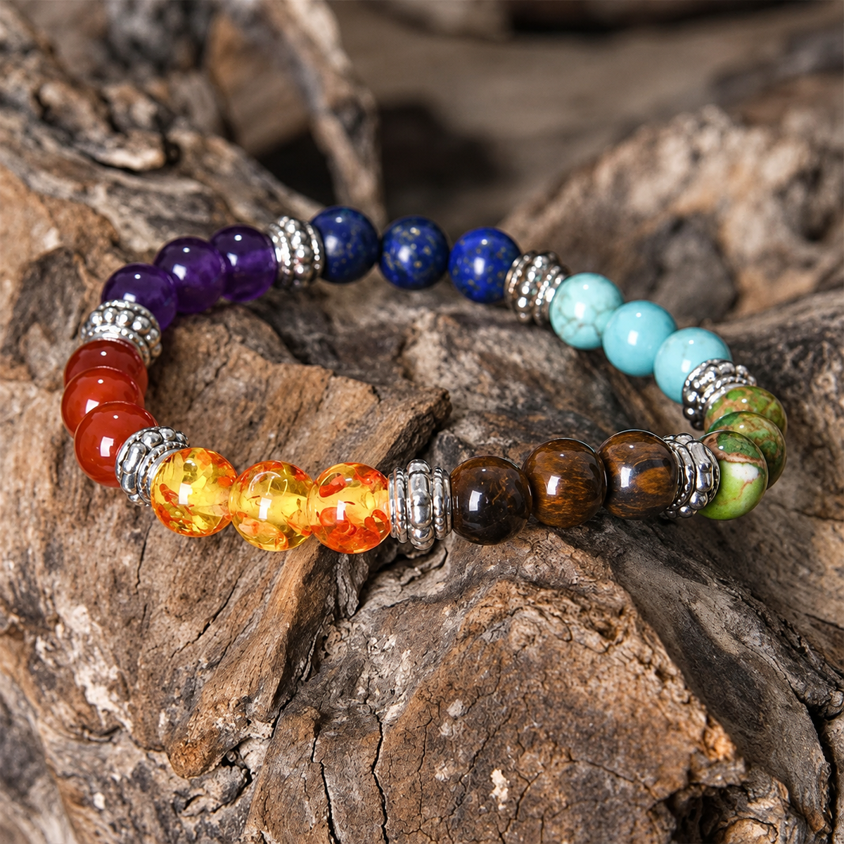 Bracelet 7 Chakras Reiki, perles de pierres aux sept couleurs des chakras et intercalaires argentés