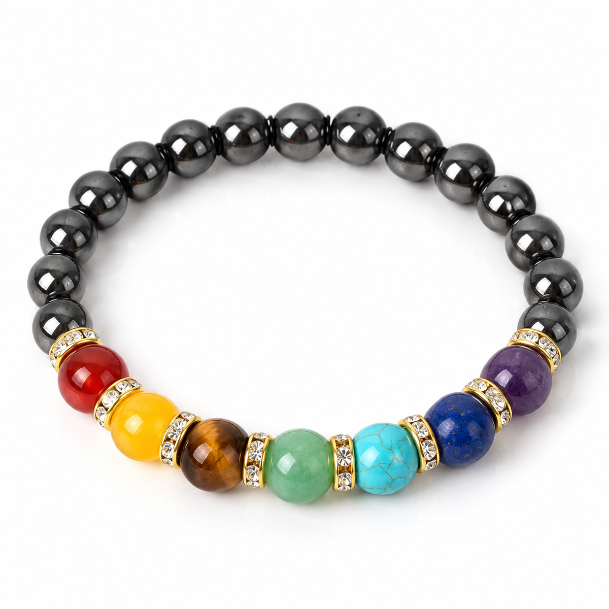 Bracelet 7 Chakras Equilibre, perles d’hématite et perles des sept chakras séparées de strass
