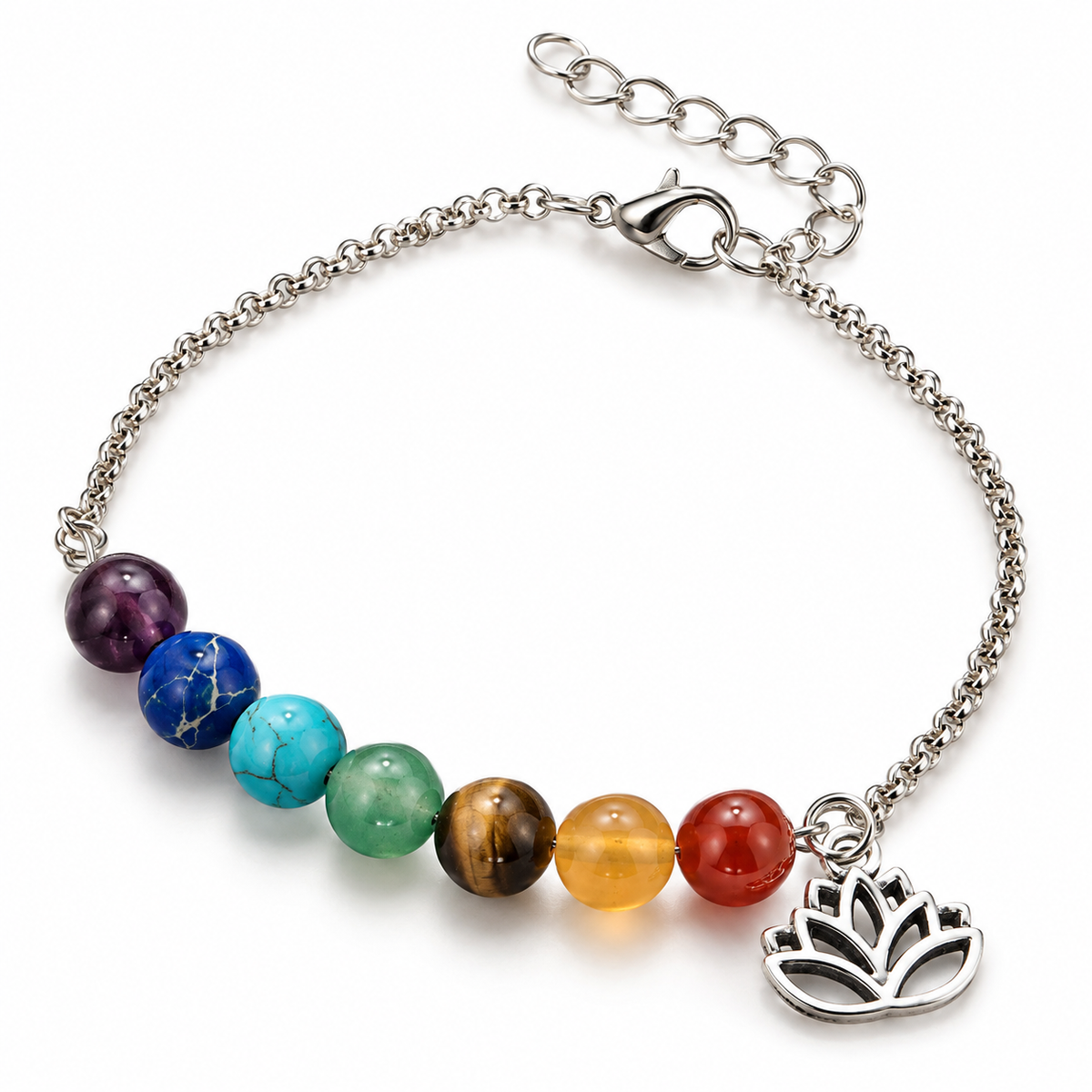 Bracelet 7 Chakras Lotus, chaîne fine à sept perles des chakras et breloque lotus
