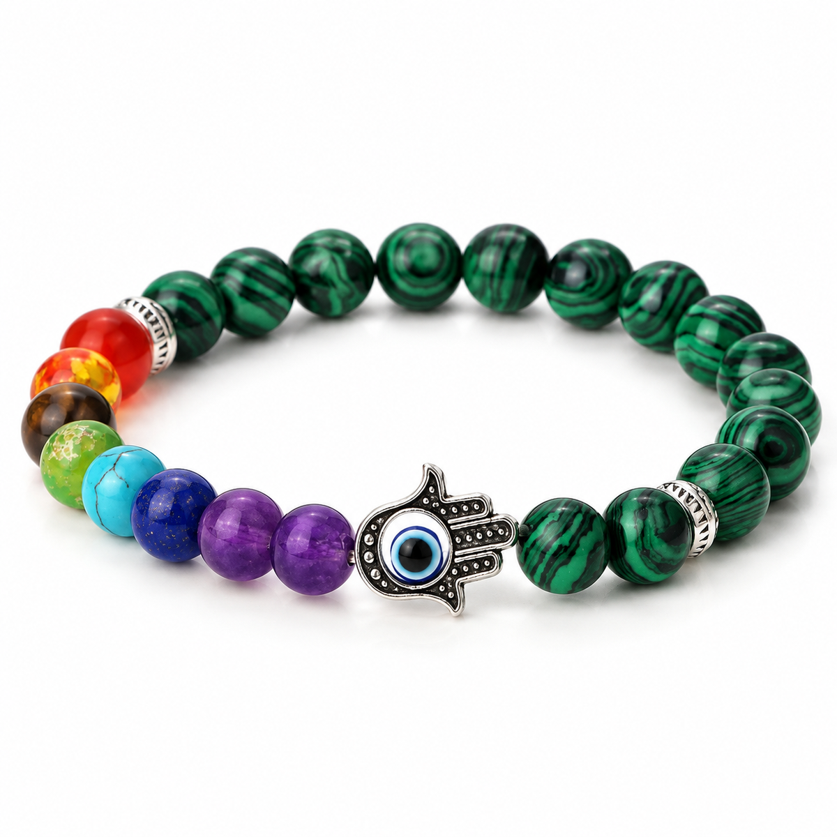 Bracelet 7 Chakras Main Fatma, perles vertes veinées, perles des sept chakras et breloque main de Fatma, porté au poignet