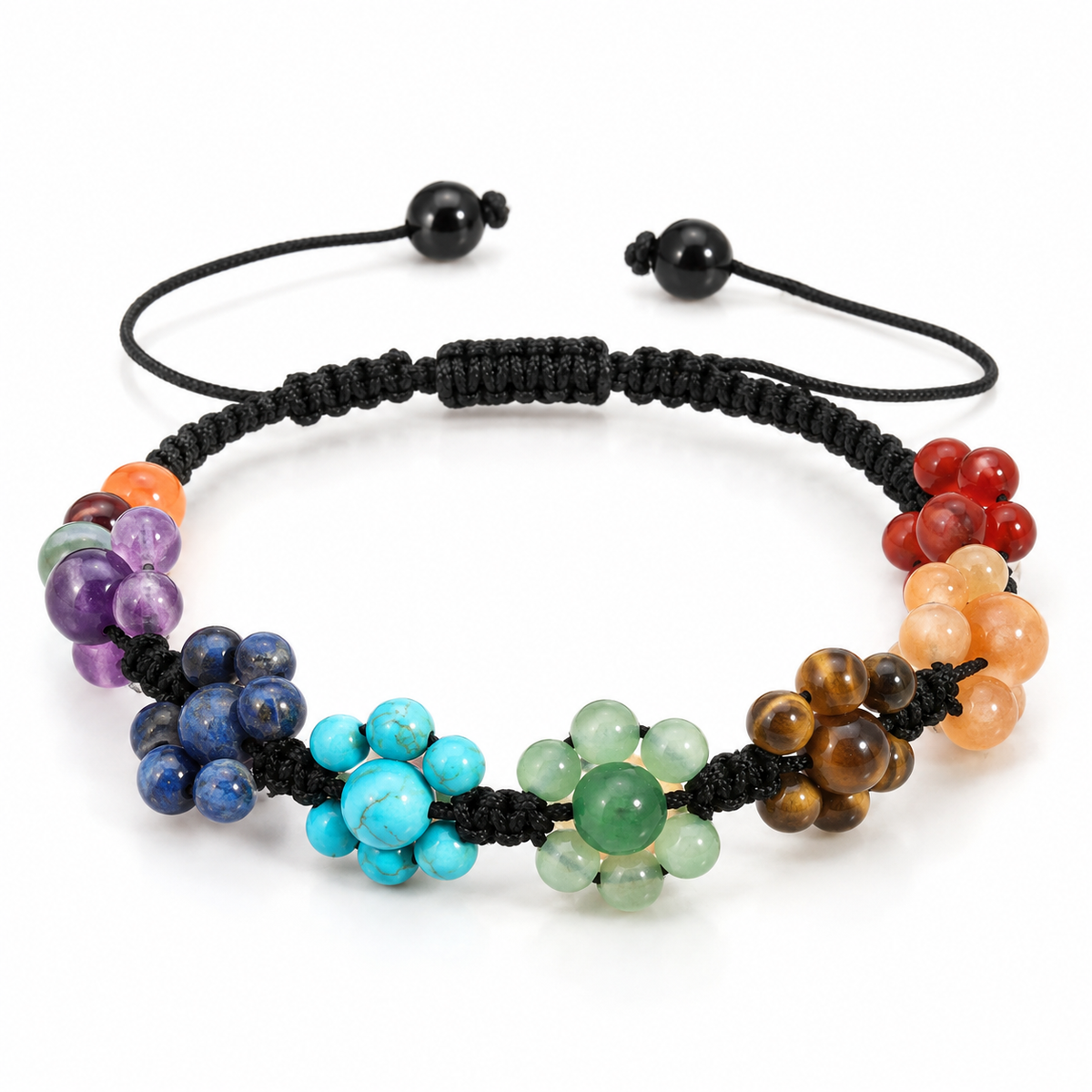 Bracelet 7 Chakras Floral, fleurs de perles aux sept couleurs des chakras sur cordon noir