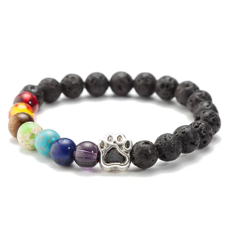 Bracelet 7 Chakras Patte de Chien, perles noires mates, perles des sept chakras et breloque patte de chien