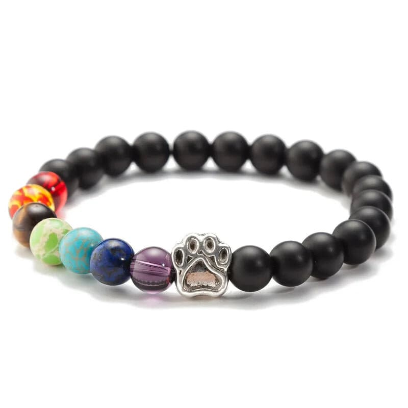 Bracelet 7 Chakras Patte de Chien, perles noires mates, perles des sept chakras et breloque patte de chien