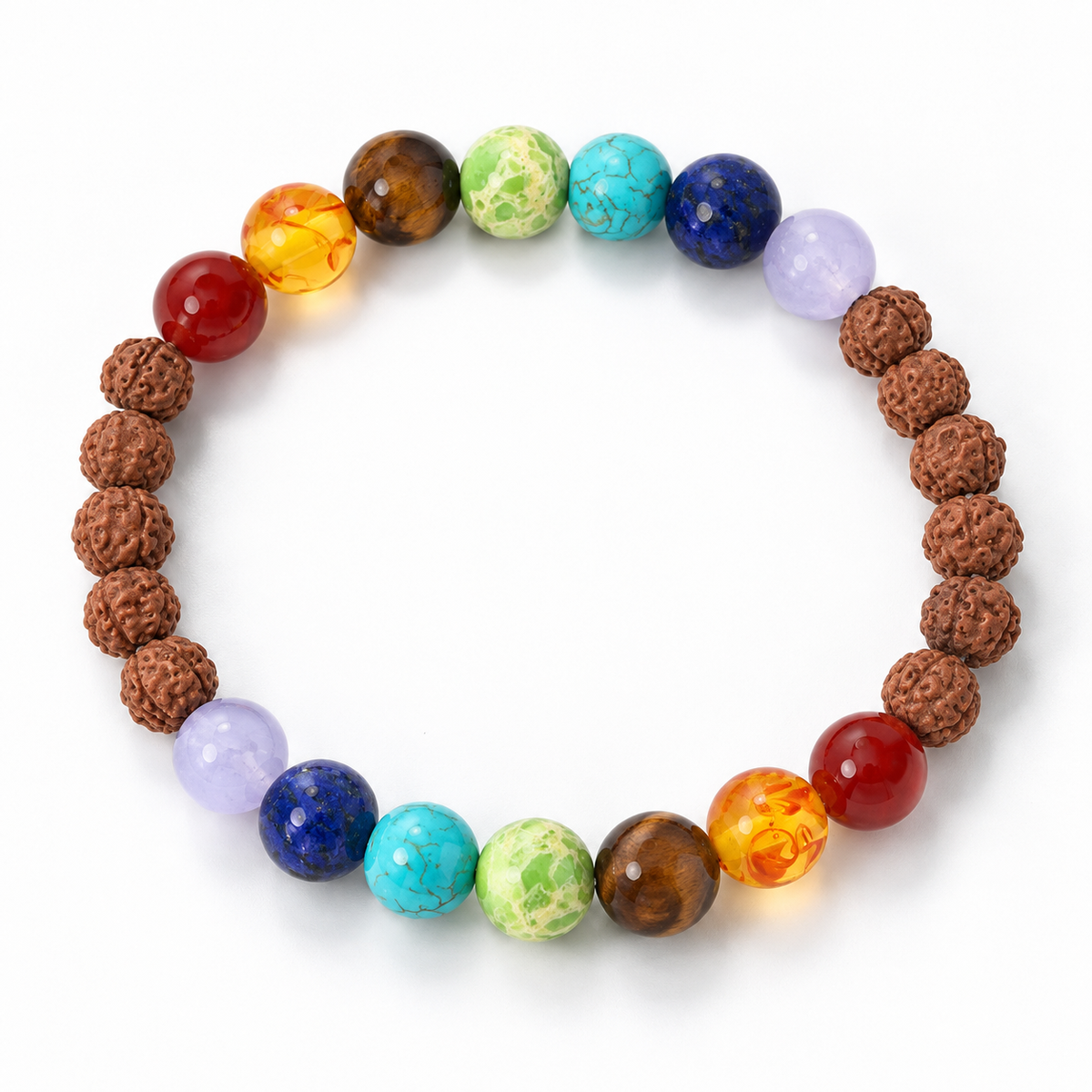 Bracelet 7 Chakras Rudraksha, graines de rudraksha et perles des sept chakras
