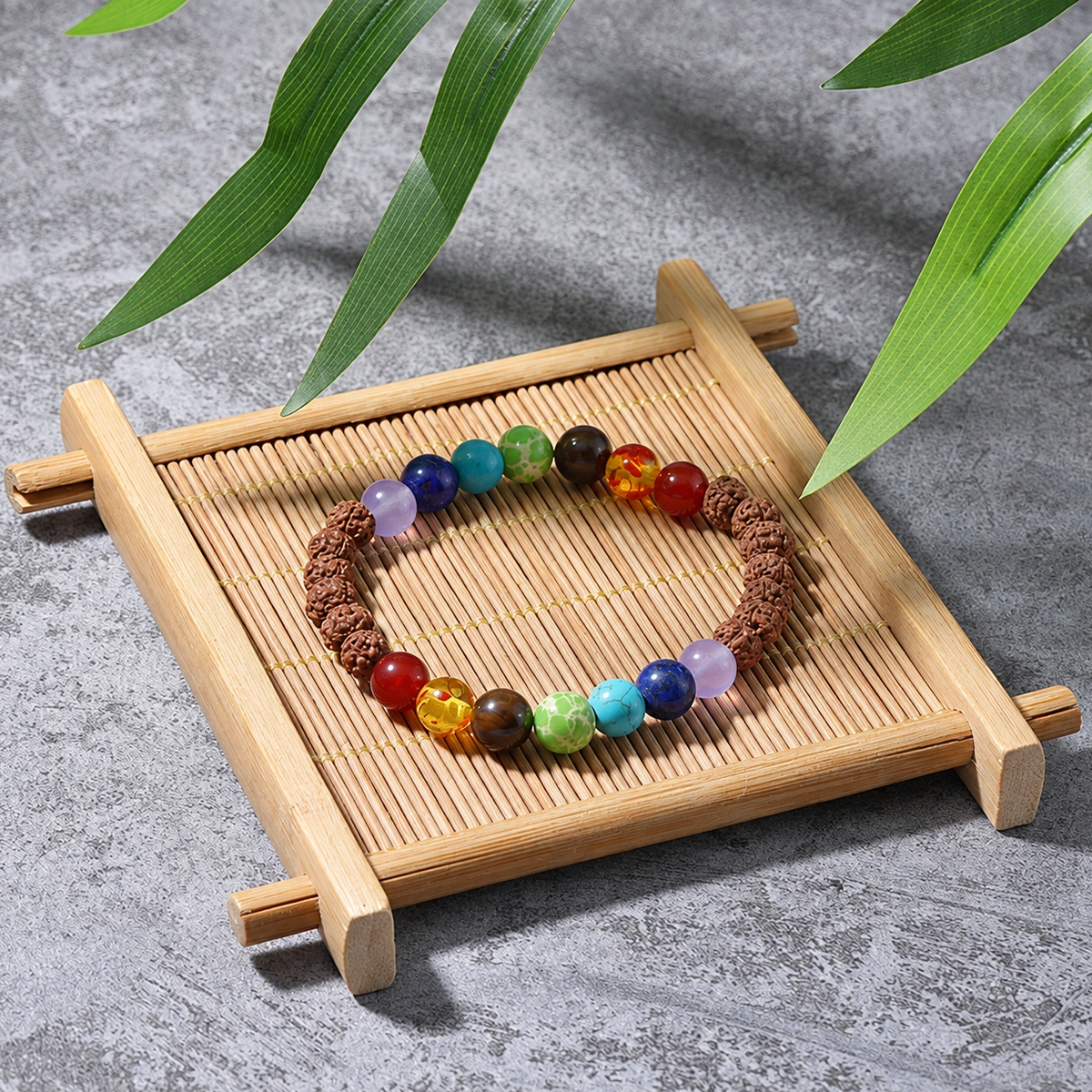 Bracelet 7 Chakras Rudraksha, graines de rudraksha et perles des sept chakras