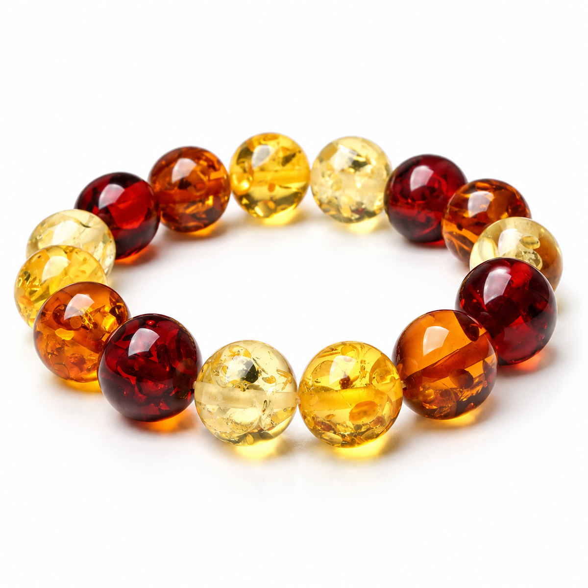 Bracelet Ambre Baltique, grosses perles d’ambre cerise, cognac et citron translucides